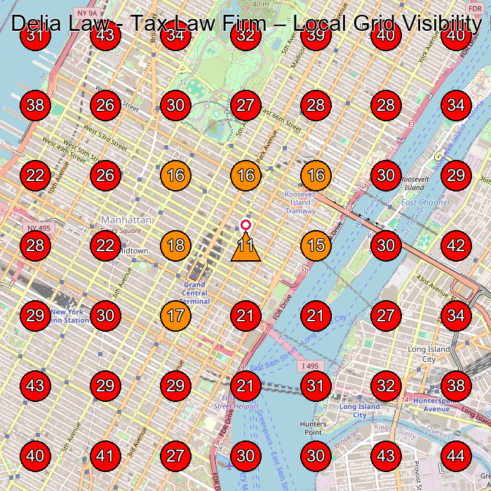 Delia Law - Tax Law Firm GeoGrid visibility map for Tax Attorney in New York